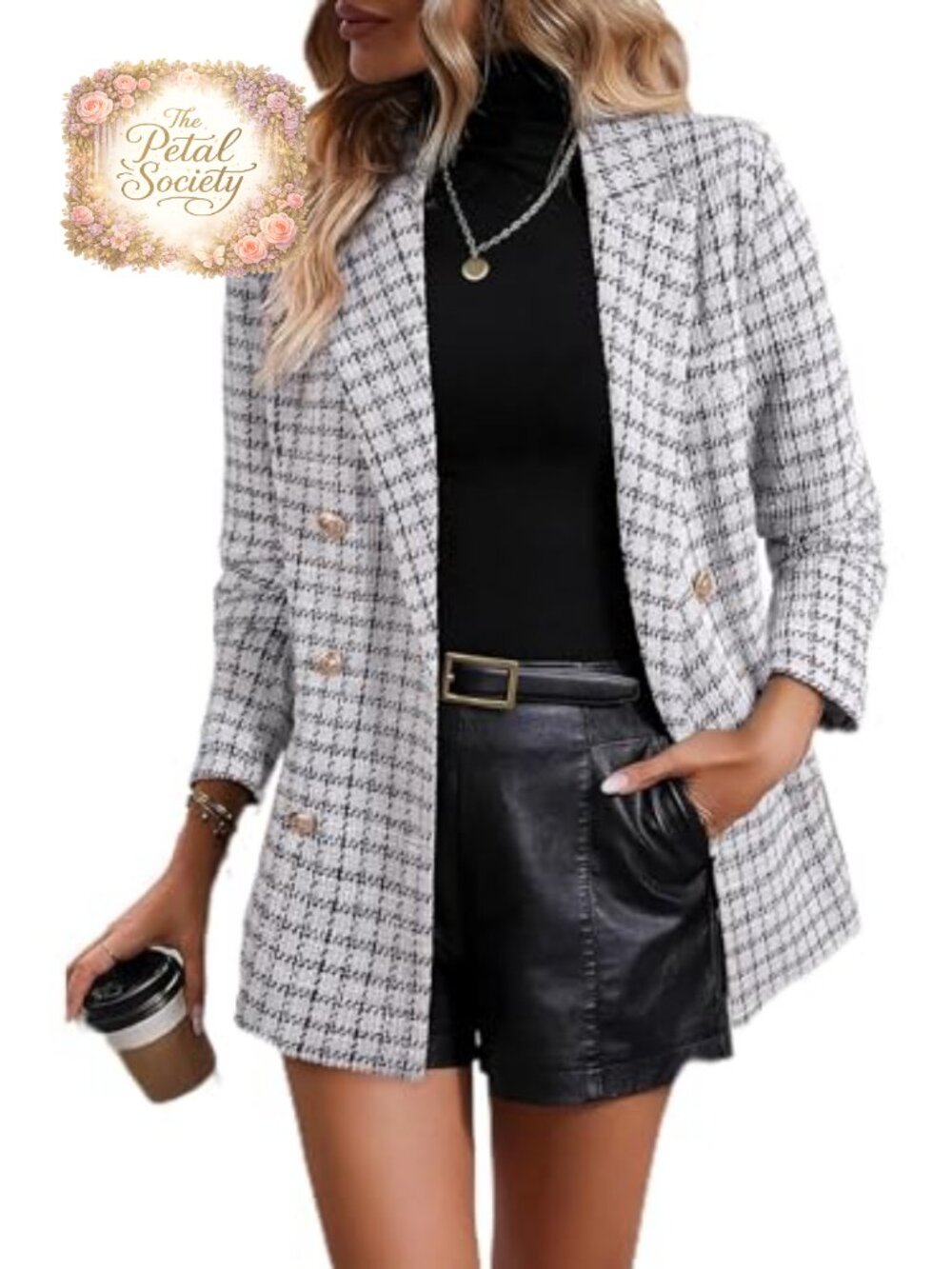 Tweed Plaid Double Breasted Blazer Long Sleeve Business Casual